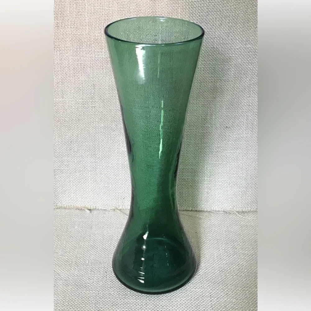Tall Green Handblown Glass Hourglass Fluted Vase  10 1/2 Inches Goblin Core